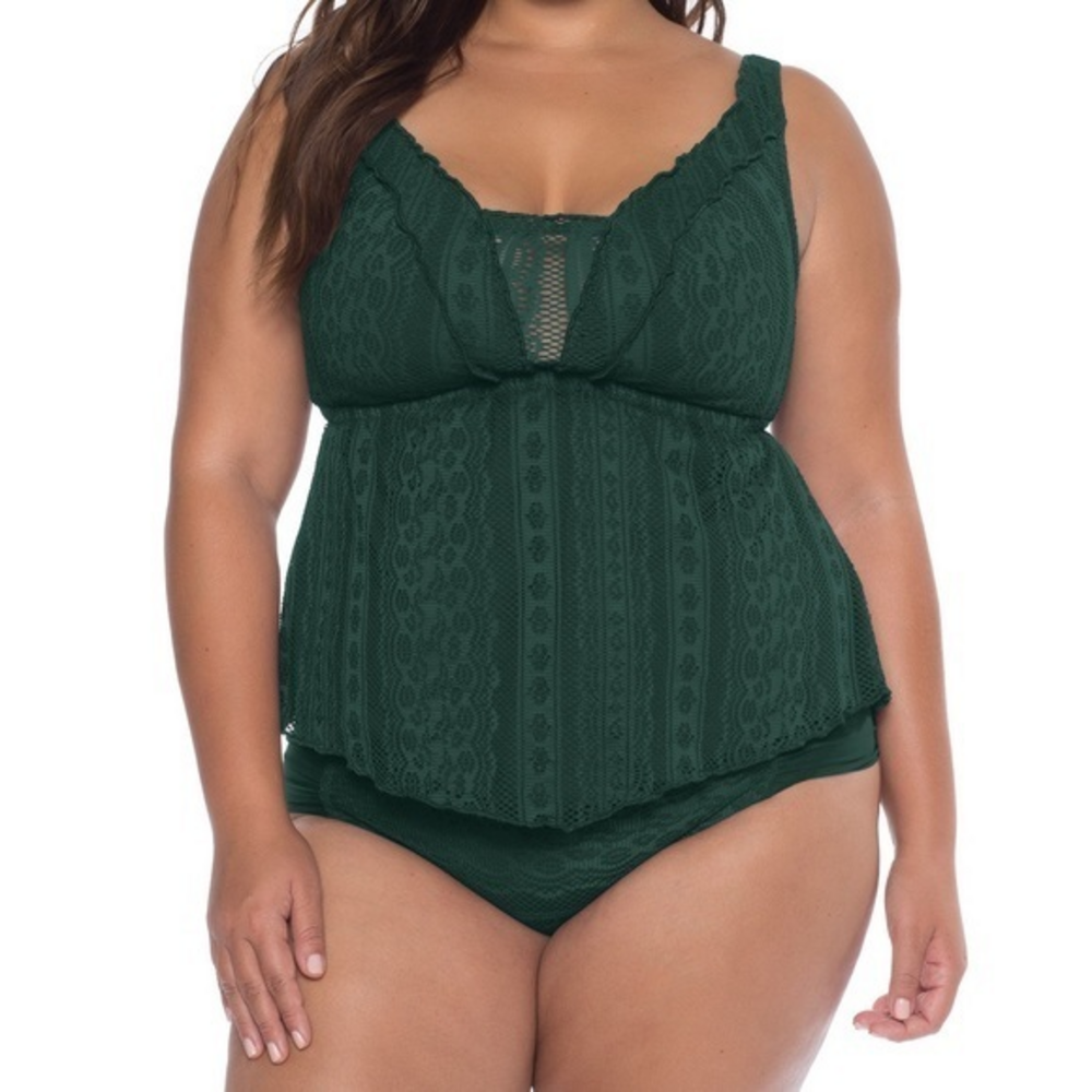 BECCA ETC Forest Green Crochet Tankini Top Plus Size‎